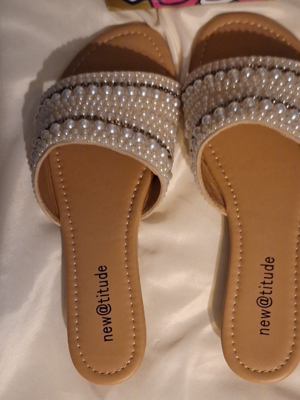 New Attitude Pearl-Embellished Tan Slide Sandals
